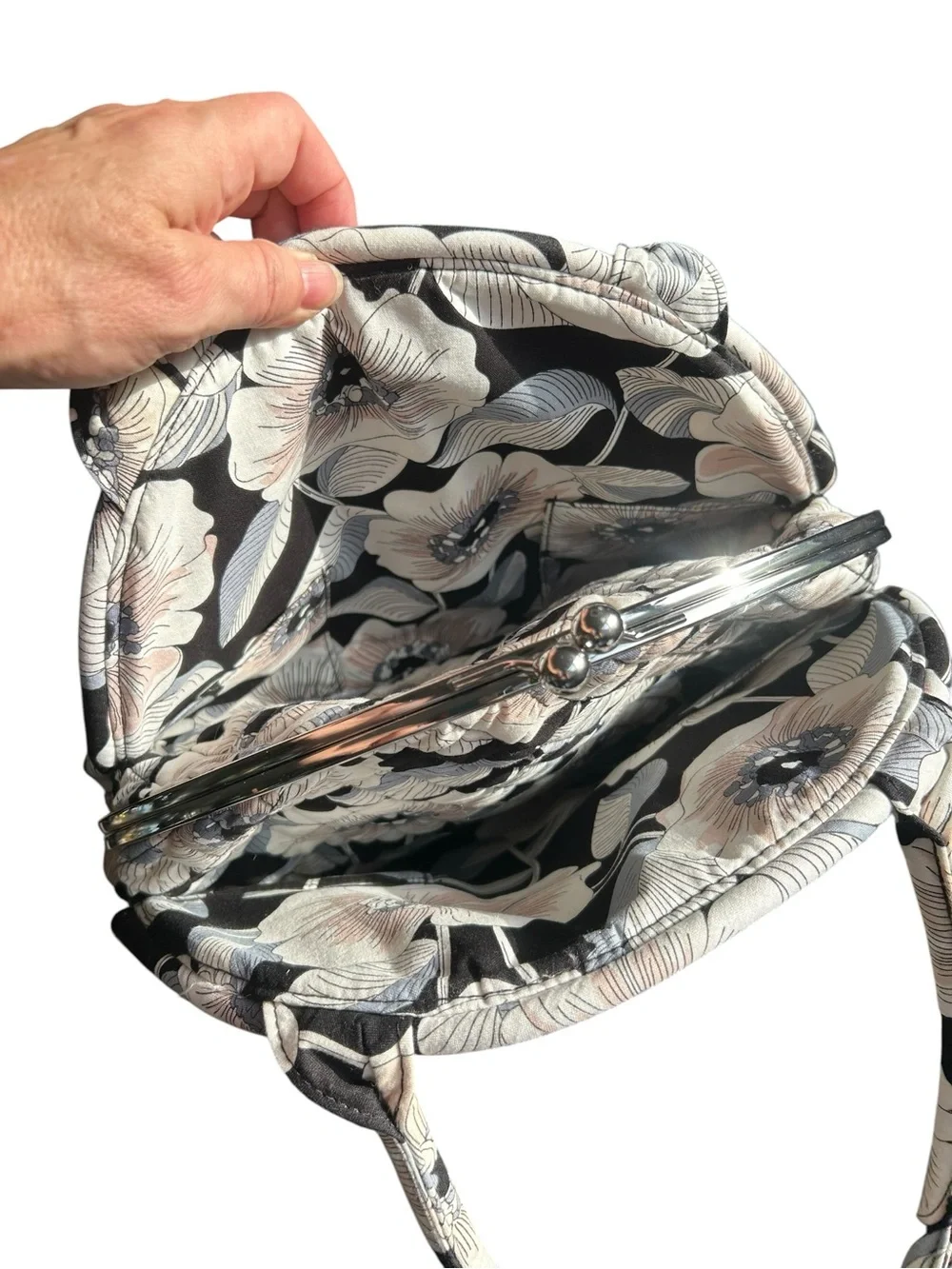 Vera Bradley Quilted Floral Dome Bag in Navy and Cream, Kisslock closure
